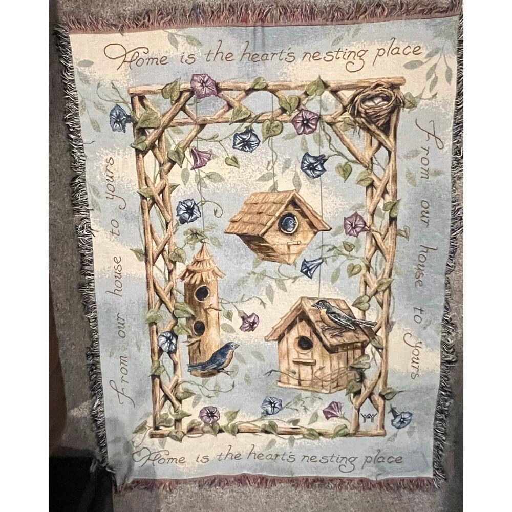 Birdhouse tapestry blanket, woven, fringe throw, garden trellis X Large 52" 68"